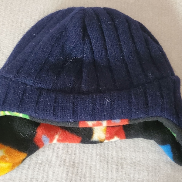 Youth Girl Boy Blue Upcycled Recycled Sweater Wool Knit Warm Winter Ear Flap Hat Fleece Lined