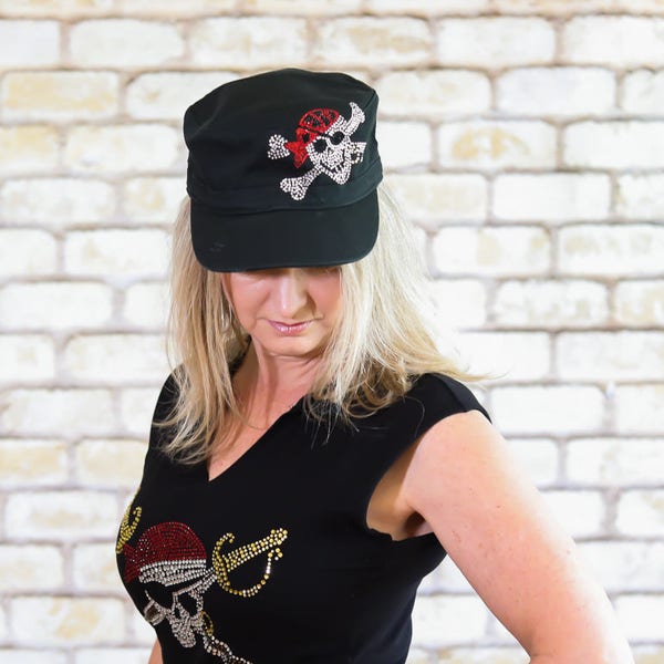 Gasparilla Pirate Skull and Crossbones Black Cadet Military Hat Rhinestone Bling Tampa Run Tampa Bay