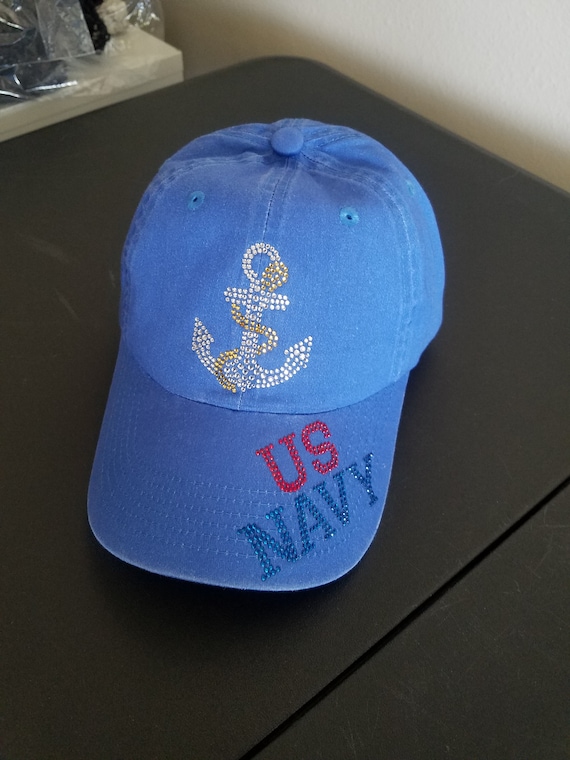 US Navy Bling Faded Blue Baseball Hat Rhinestone Anchor Navy  display picture 2