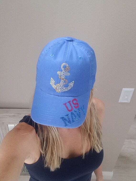 US Navy Bling Faded Blue Baseball Hat Rhinestone Anchor Navy  display picture 3