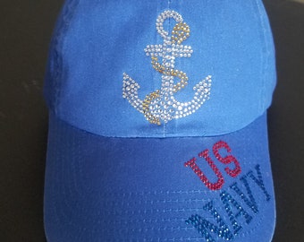 US Navy Bling Faded Blue Baseball Hat Rhinestone Anchor Navy 