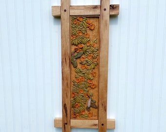 Hand Carved Red Oak Wood Trumpet Vine with Hummingbirds