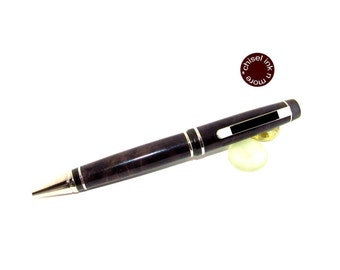 Gray and Black Buckeye Burl Wood with Black Titanium and Platinum Twist Ballpoint Cigar Pen
