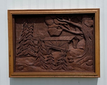 Carved Covered Bridge Scene out of Walnut