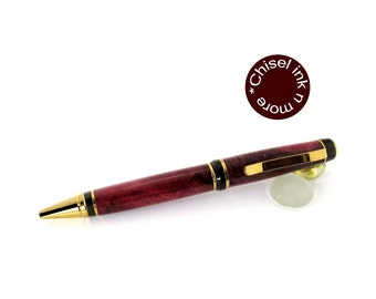 Red Buckeye Burl Wood with 24kt gold and Black Titanium Cigar Twist Ballpoint Pen