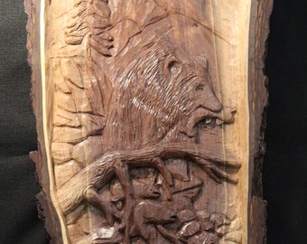 Bear Salmon Fishing Relief Carving with Live Edge Black Walnut