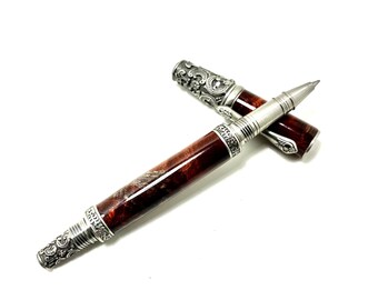Red and Blue Double Dyed Maple Burl Antique Pewter Victorian Rollerball Pen