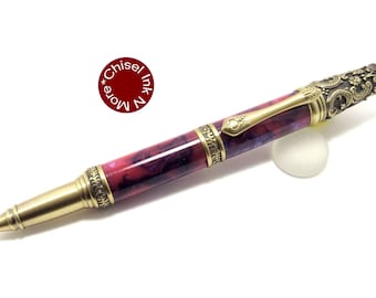 Pink and Violet with Antique Brass Vintage Victorian Steampunk Ballpoint Twist Pen
