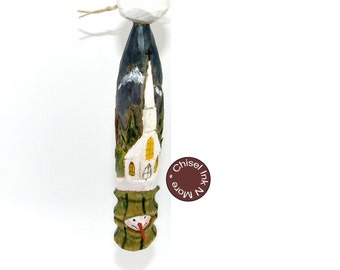 Hand Carved Bass Wood Icicle Snowman with Church Christmas Tree Ornament