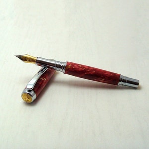 Wine Maple Buckeye Burl Chrome and 22kt gold Junior Aaron Fountain pen with #6 Medium German Iridium Nib