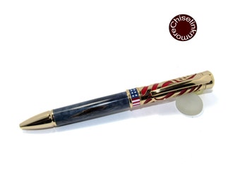 Handmade Buckeye Burl Twist Ballpoint Pen, 24kt Gold, American Flag