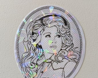 May include: A black and white line drawing of a woman with long hair, wearing a collared shirt. The drawing is on a white background with a holographic, iridescent effect.