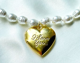 Collana di perle vintage con medaglione - Ti amo con incisione su medaglione, regalo di gioielli vintage per lei