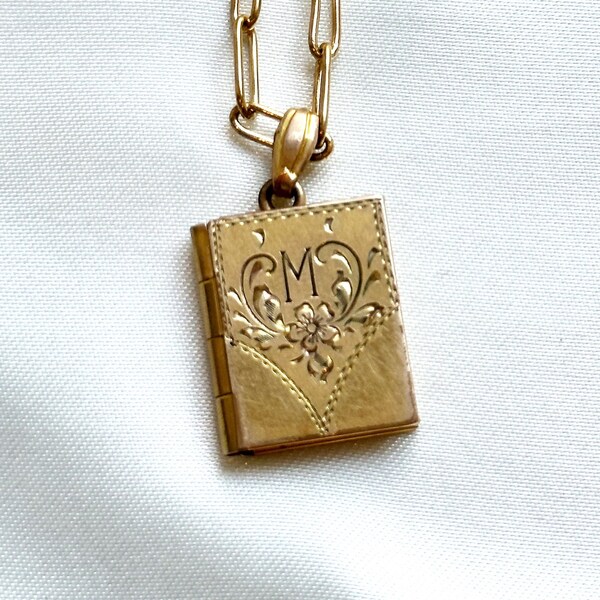 vintage gold locket necklace - reworked vintage gold filled engraved initial book  locket chain necklace - gift for her