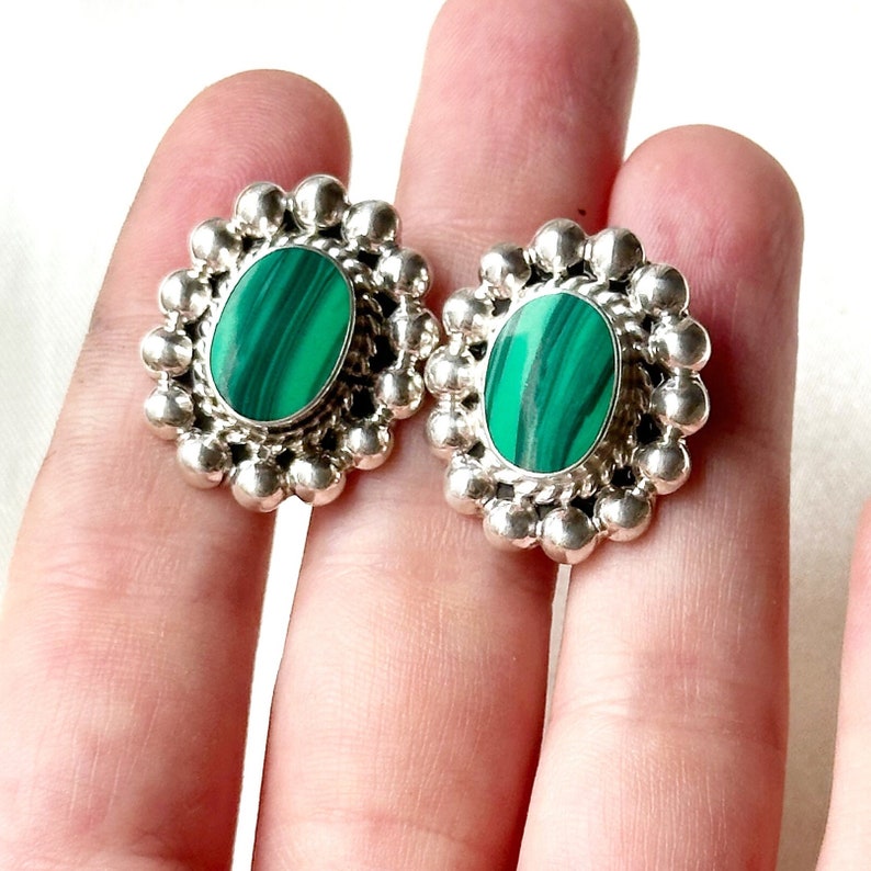 Vintage silver and malachite earrings handmade 925 sterling silver and malachite gemstone stud earrings image 3