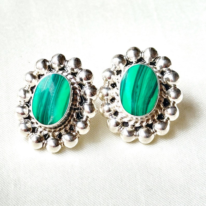 Vintage silver and malachite earrings handmade 925 sterling silver and malachite gemstone stud earrings image 1