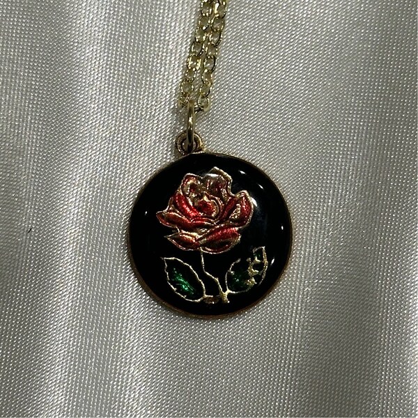 Reworked vintage cloisonné rose pendant necklace