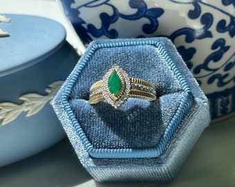 vintage emerald and diamond ring - 14k solid gold Marquise cut statement engagement ring