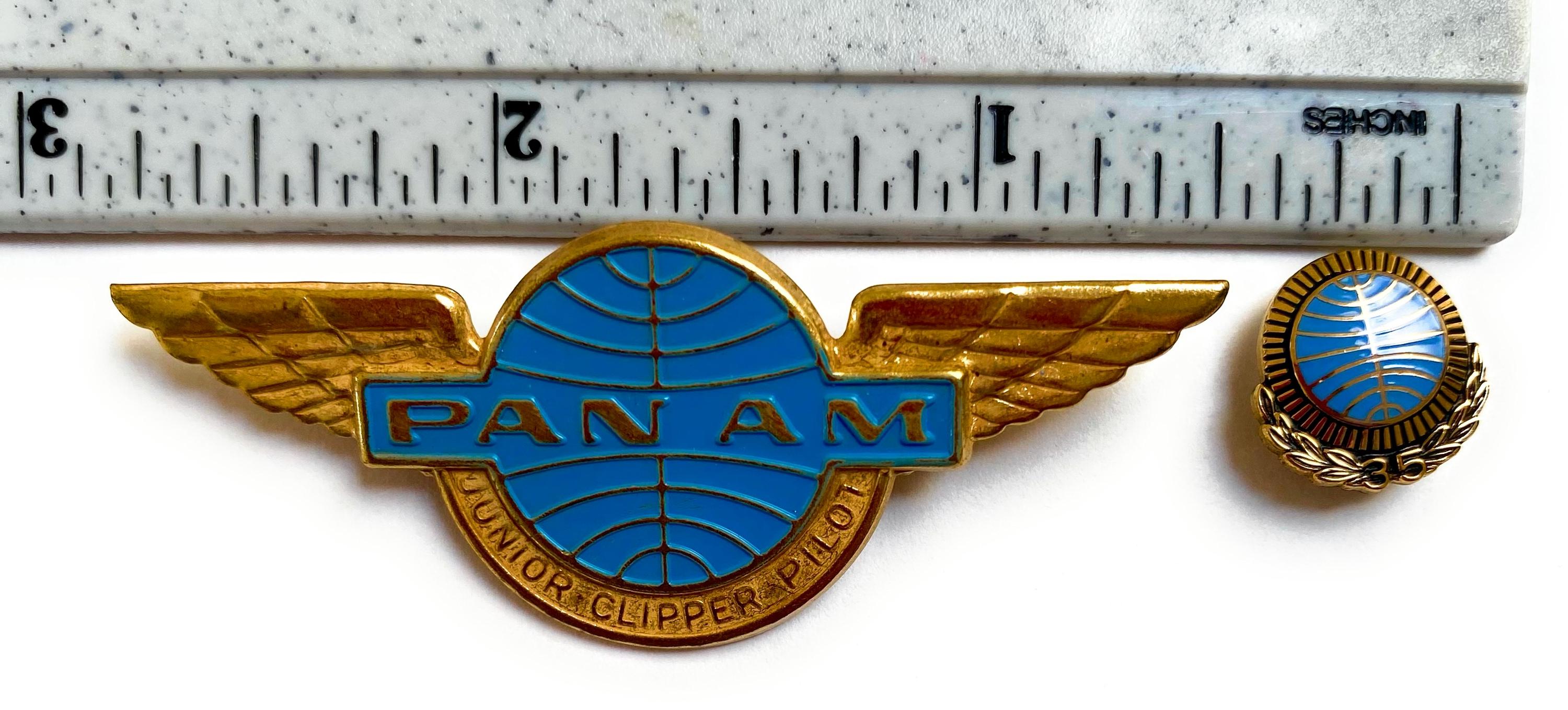 Vintage PAN AM AIRLINES 35 Year Service Pin + Junior Clipper
