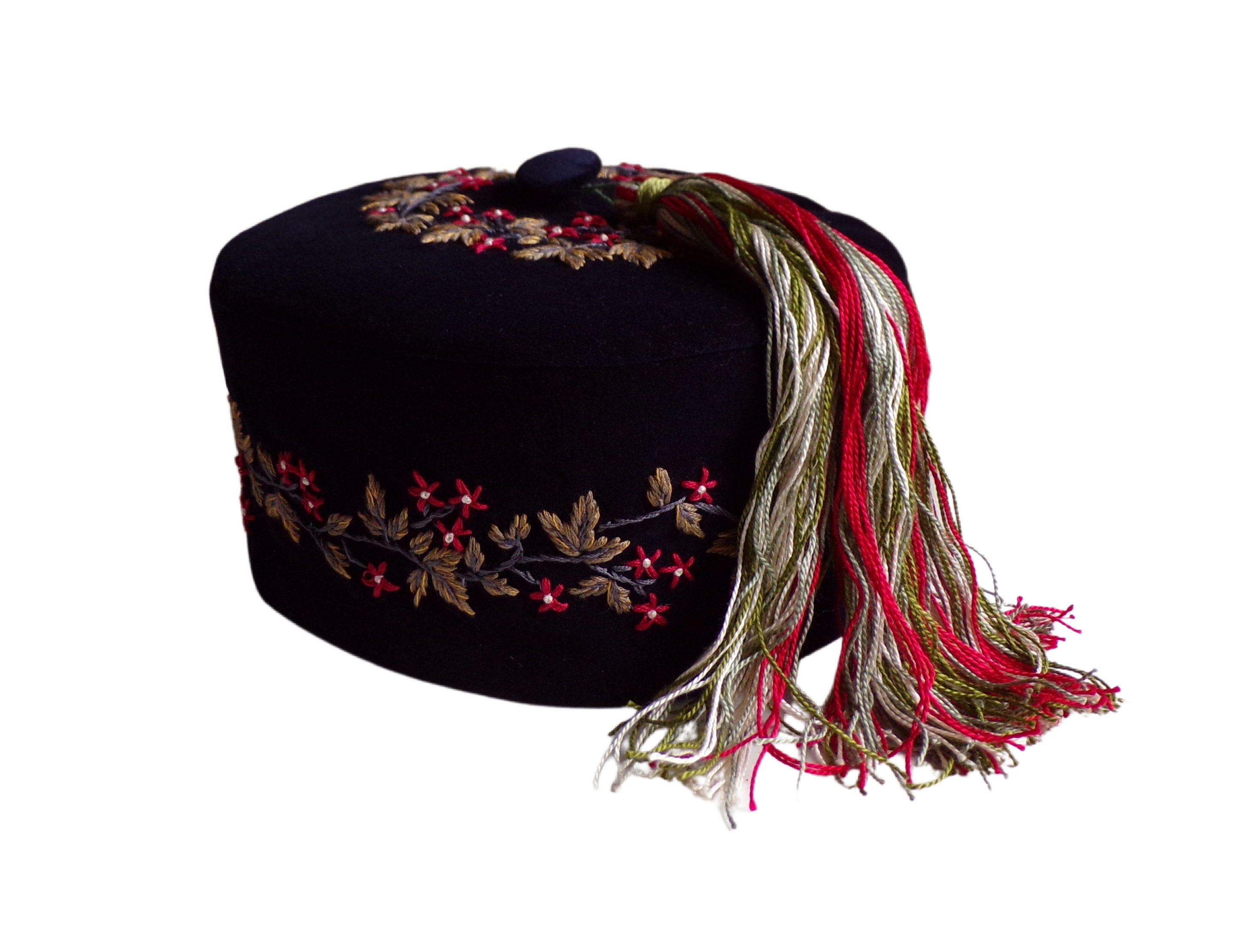 Hand Embroidered Smoking cap Navy Blue  Velvet with Red Flowers