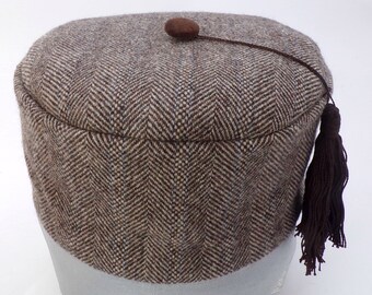 Brown Herringbone Tweed Smoking Cap With Tassel, Handmade to Order