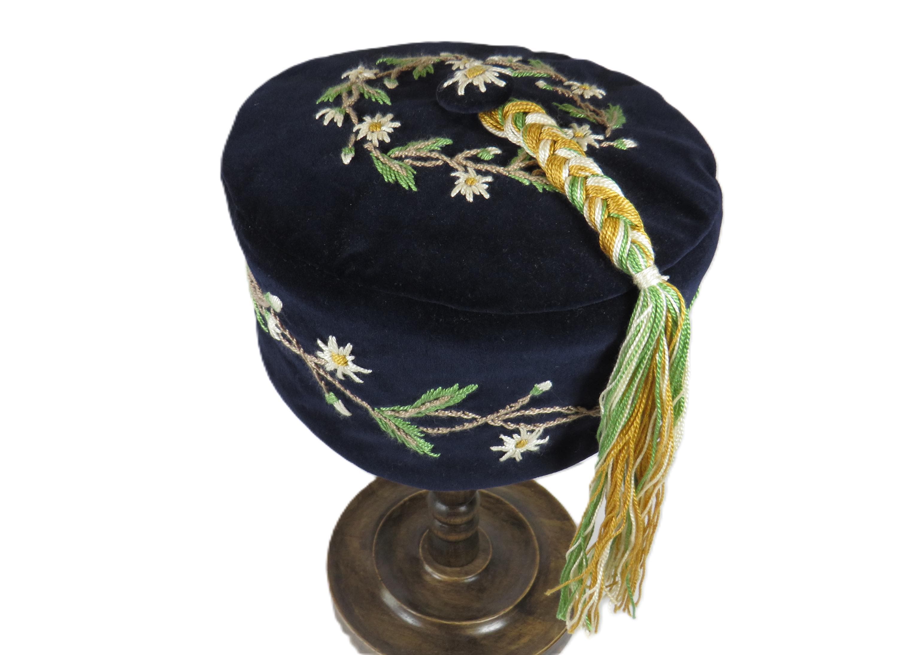 Hand Embroidered Daisy Velvet Smoking Lounge Cap Navy Blue