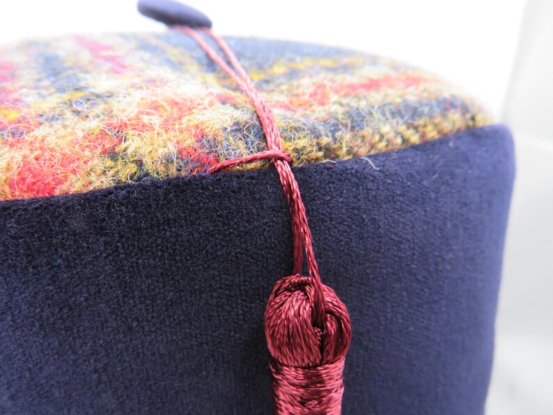 Navy Blue Velvet Smoking Cap With Red Navy Wool Check Crown and Silky