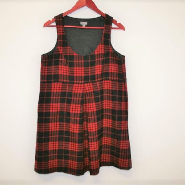 Red Tartan Plaid Jumper Dress Wool blend Checkered Overalls Zip Side Closure Bib Dress Sarafan Scottish Celtic  Medium