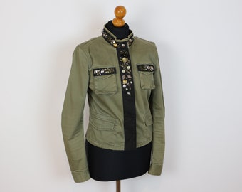 Chaqueta militar caqui Chaqueta militar verde bordada Chaqueta MJ Chaqueta de algodón ajustada Verde MB Trench Coat Boho Festival Medium