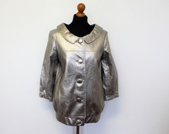 Silver Blazer Womens Faux leather Jacket Disco style Silver Trench Coat Vegan Bomber Jacket Silver Coat 3/4 sleeves Small  to Medium Size