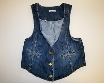 Blue Denim Vest Blue Denim Waistcoat Womens Fitted Metal Buttons Country Western Boho Sleeveless Jacket Medium to Large  Size