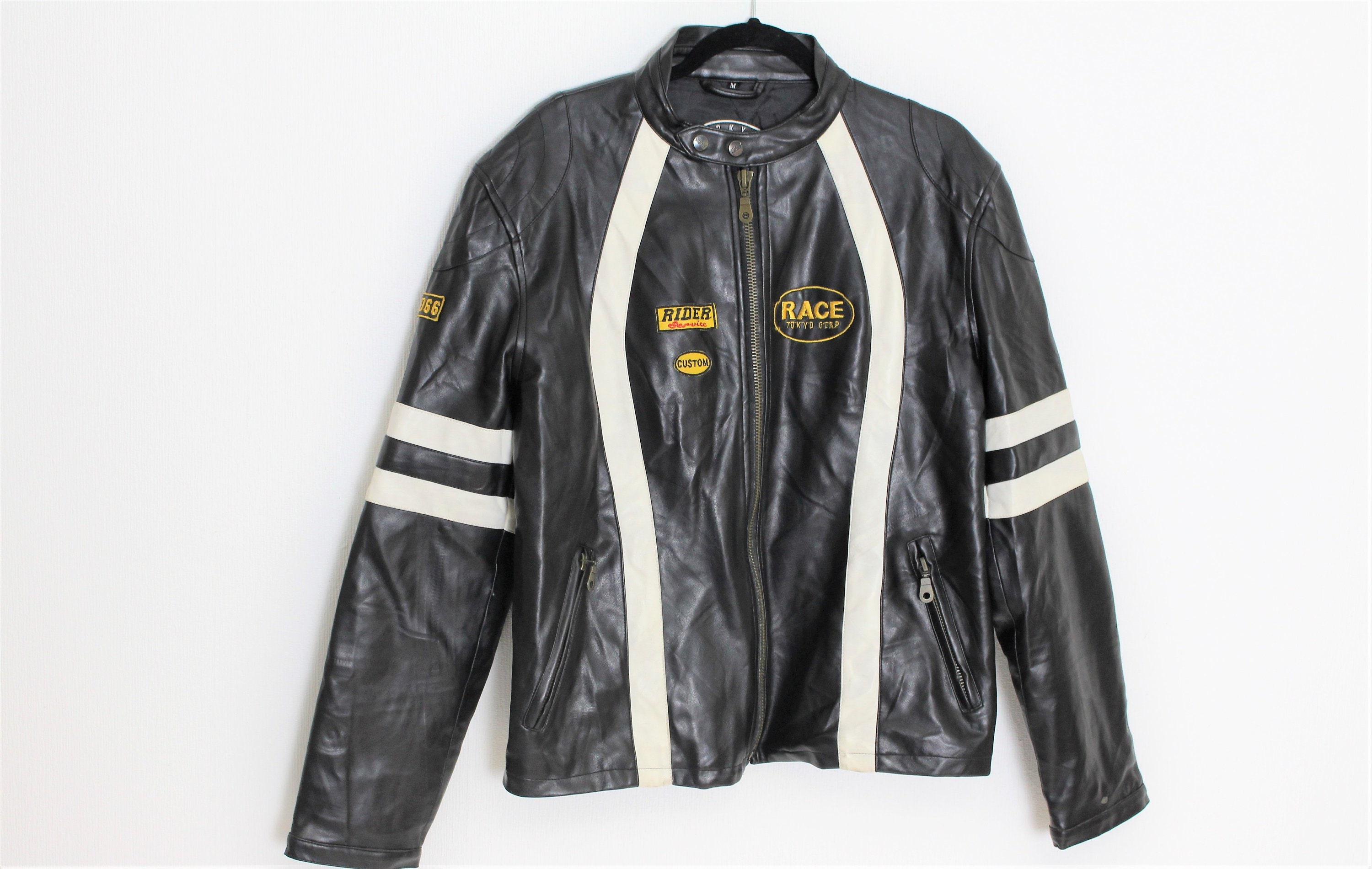 Tokyo Denim Bank Black Faux Leather Racing Jacket Embroidered Er Biker Rider Motorcycle Vegan Vintage Large