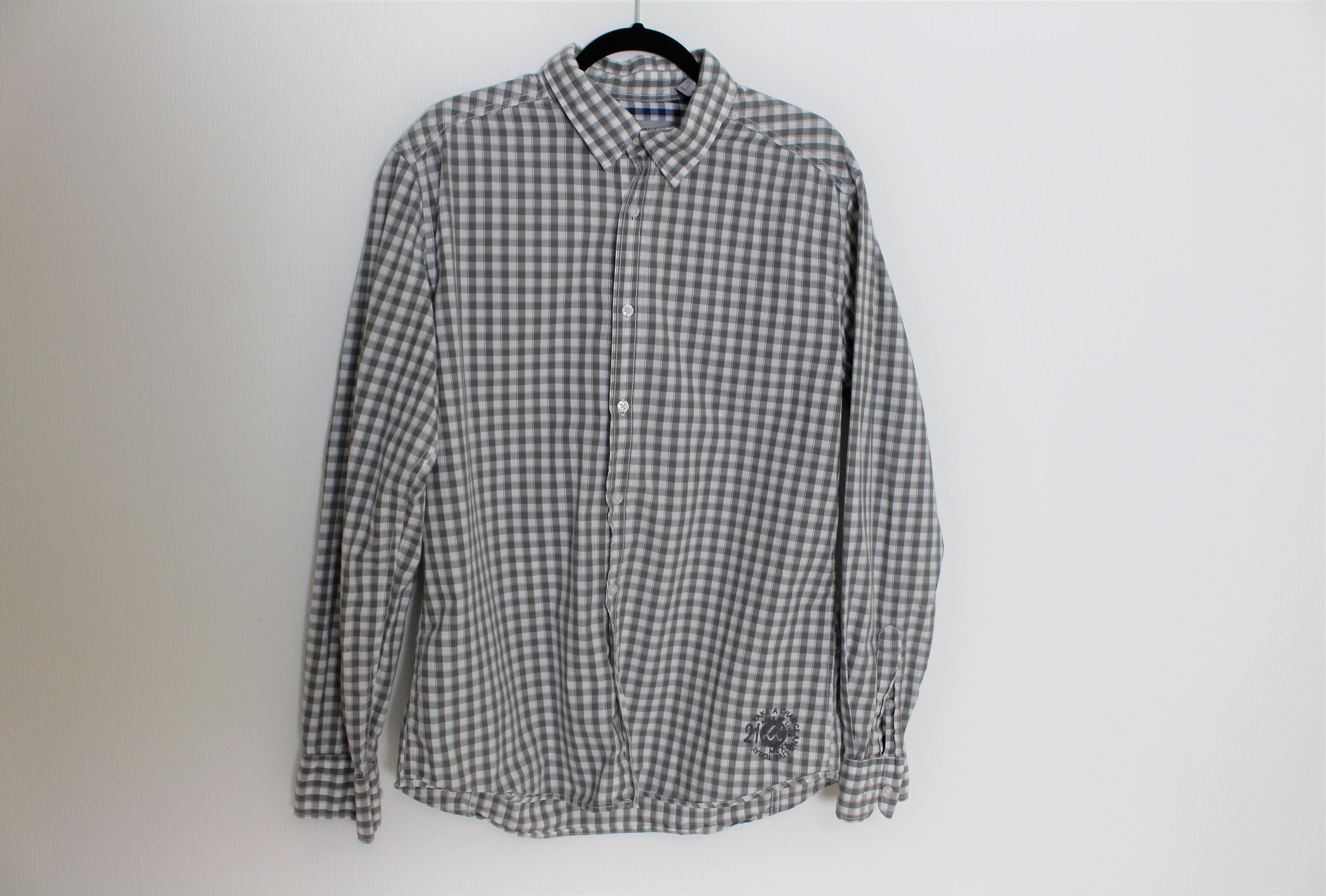 grey white check shirt