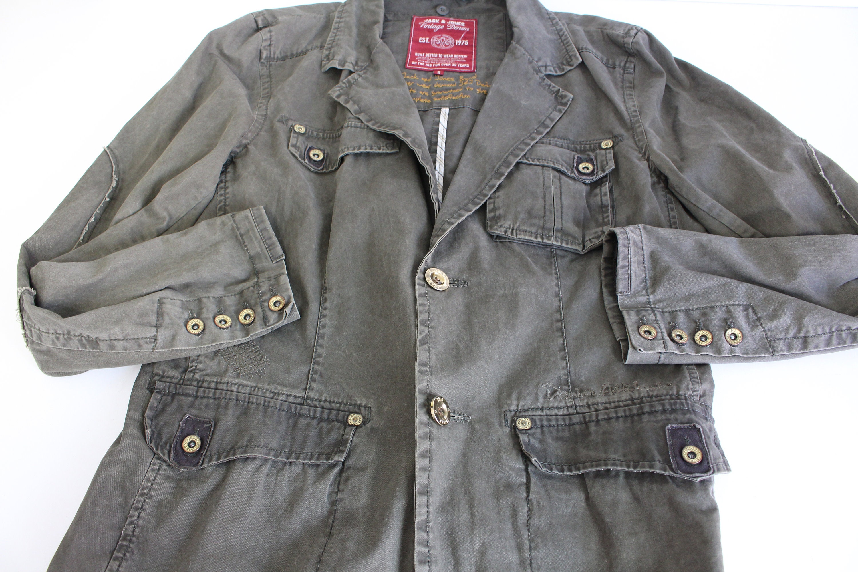 JACK & JONES Mens Denim Military Jacket UK 40 Large Khaki Cotton | Vintage  & Second-Hand Clothing Online | Thrift Shop