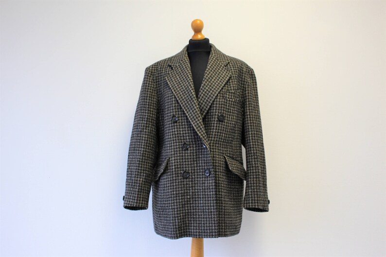 Tweed Coat Womans Tweed Jacket Vintage Plaid Woolen Jacket Checkered Plaid Blazer Double Breasted wool jacket Large to XL Size