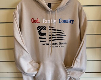 God, Family, Country Charlie Kirk Vinyl Hoodie