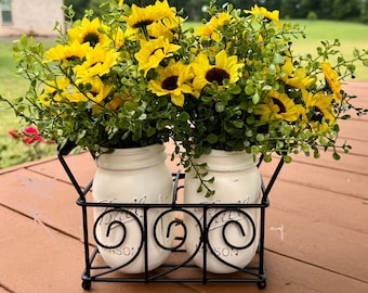 metal jar caddy, boxwood sunflower decor, mason jar caddy, jar rustic centerpiece, farmhouse decor, coffee table decor, mantle decor