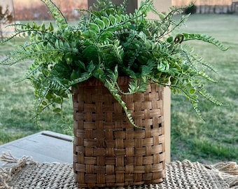 fern bush in wall basket, rustic decor, bamboo basket, hanging planter, farmhouse decor, wall basket, fern plant, fern wall basket decor