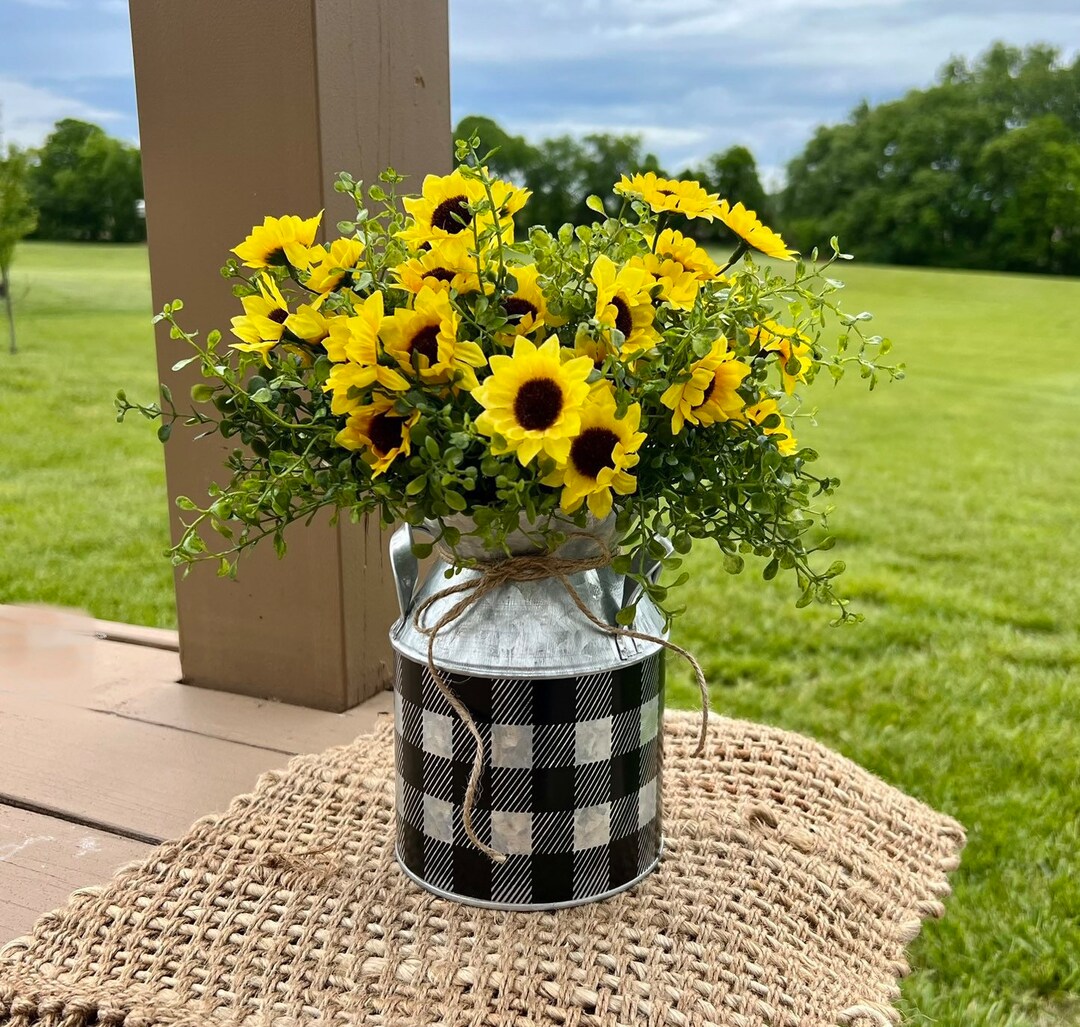 Galvanized Metal Milk Can With Boxwood Greenery Sunflowers, Country