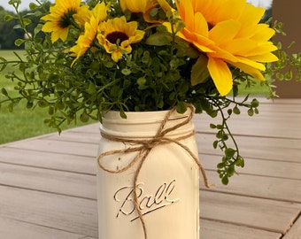 boxwood sunflower decor, mason jar boxwood decor, mason jar rustic centerpiece, farmhouse decor, coffee table decor, mantle decor