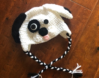 Crochet dalmation hat, spotted puppy dog hat with ear flaps, Halloween costume Dalmation hat, spotted dog hat, made to order, photo prop hat