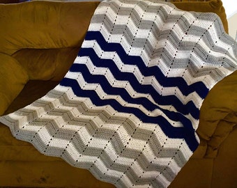 White Grey Navy Blue Crocheted Blanket,  Dallas Cowboys Connecticut Huskies Seton Hall Pirates handmade blanket, lap blanket