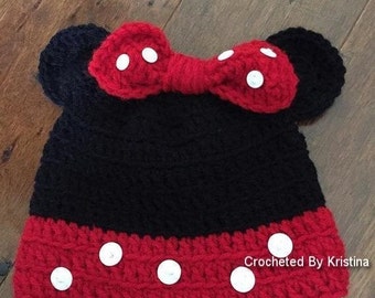 Minnie Mouse gift, Crocheted Minnie Mouse hat, gift for child,  girls costume hat, Minnie Mouse photo prop, soft kids hat, Disney costume