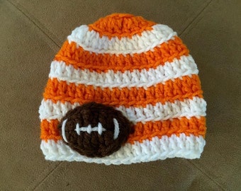 Crocheted TN Volunteers - Texas Longhorns - Oklahoma State hat - beanie, orange white stripe hat, hat with football, Christmas gift