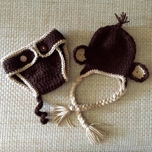 Crocheted newborn monkey hat and matching diaper cover with curly tail photo prop baby shower gift