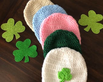 Crocheted hat - beanie with shamrock kids St Patricks Day hat Irish hat St Pattys Day hat luck of the Irish,celebrate Irish, Irish pride hat