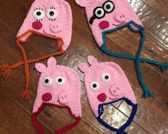 Crocheted Peppa Pig family hats, Halloween costume hat, Peppa Pig fan gift, handmade hat, pink pig hat, Peppa Pig family