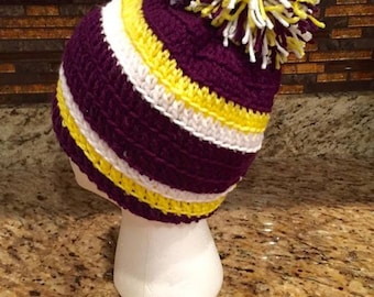 Crocheted Baltimore Ravens-Minnesota Vikings-LSUTigers, handmade hat with pom pom, purple yellow hat