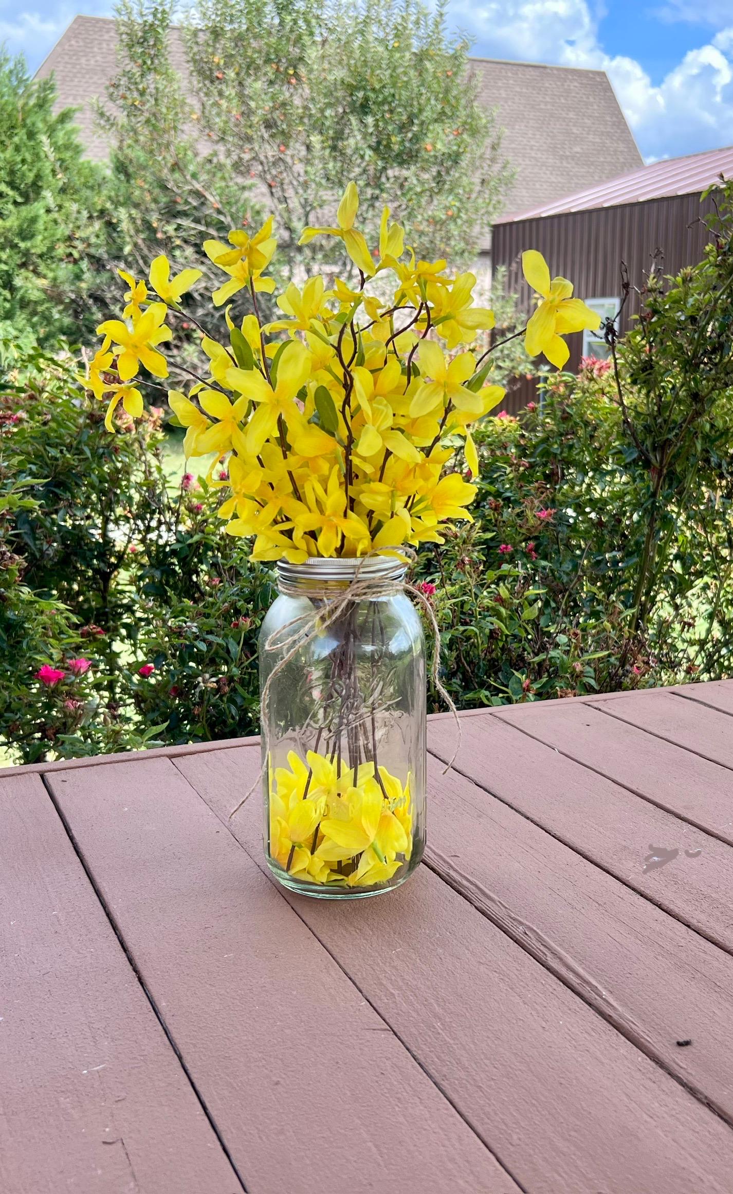 Half Gallon Mason Jar With Yellow Forsythia, Rustic Centerpiece