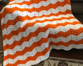 Crocheted Chevron Blanket in orange and white, Vols crocheted afghan, Tennessee crocheted blanket, custom gift, chevron blanket